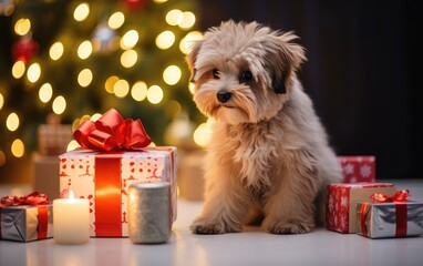 The cute dog next to the gifts on a festive background