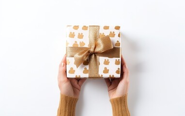 Person holding a Christmas gift wrapped with paw wrapping paper