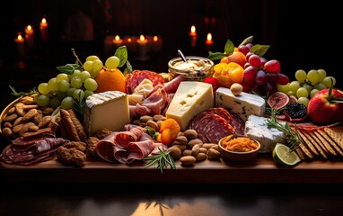 A Christmas grazing board featuring an array of cheeses, cured meats, and festive treats