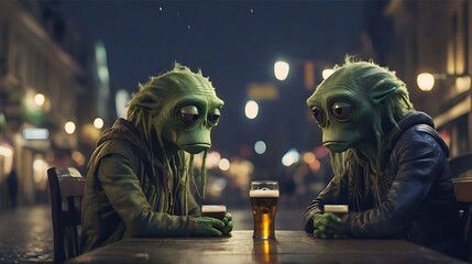 Lonely aliens having a beer in a local pub at night 