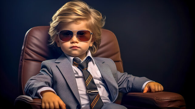 young child in a business suit, with an air of confidence and style. The child is wearing a grey suit with a white shirt and a striped tie, completed with a pair of fashionable sunglasses. 