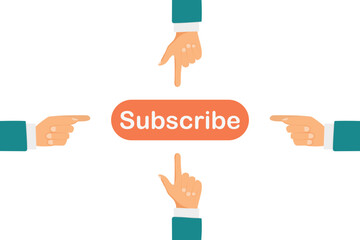 Subscribe button, click of the cursor in the form of reaching hands. Red button subscribe to a channel on social networks, marketing, blog. Vector illustration.