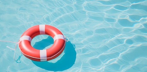 This image shows a red lifeboat floating in clear blue water.