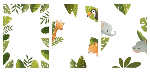 Set of cute safari frames. Jungle leaves, giraffe, lion, elephant. Illustration for birthday invitation, postcard and sticker. - 696325259