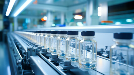 Medical vials on production line at pharmaceutical factory. Laboratory machine working chemical glass bottles production line.

