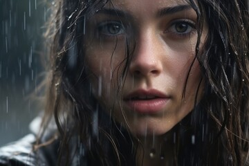 A close up portrait of a beautiful caucasian woman standing in the rain