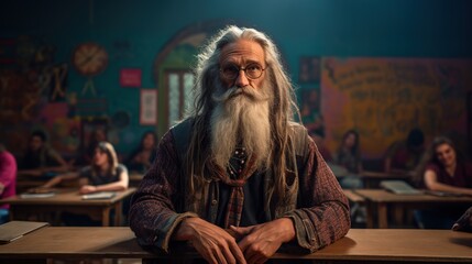 Portrait of Alternative Hippie senior teacher in front of classroom