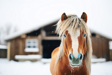 a horse with blonde mane in snow
