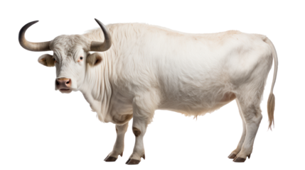 A standing white bull, transparent or isolated on white background