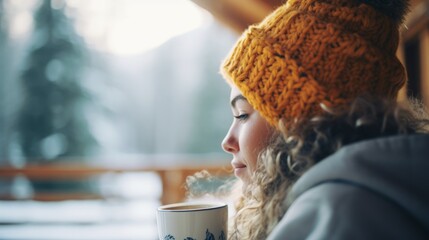 Young woman on a balcony in an holiday resort drinking hot coffee, winter mountains - obrazy, fototapety, plakaty