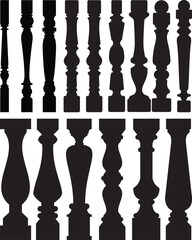 Baluster set collection silhouette balcony wooden balustrade decorative vector architecture elements - obrazy, fototapety, plakaty