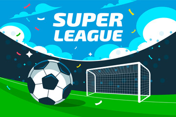 Flat football stadium background for super league with a soccer ball in front of a goal
