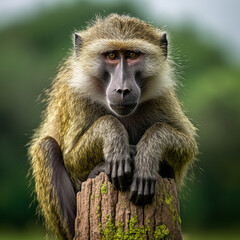 Olive baboon sitting on concrete post against green background, ai technology