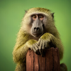Obraz premium Olive baboon sitting on concrete post against green background, ai technology
