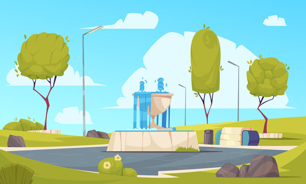 Cartoon park illustration background with natural elements and a fountain