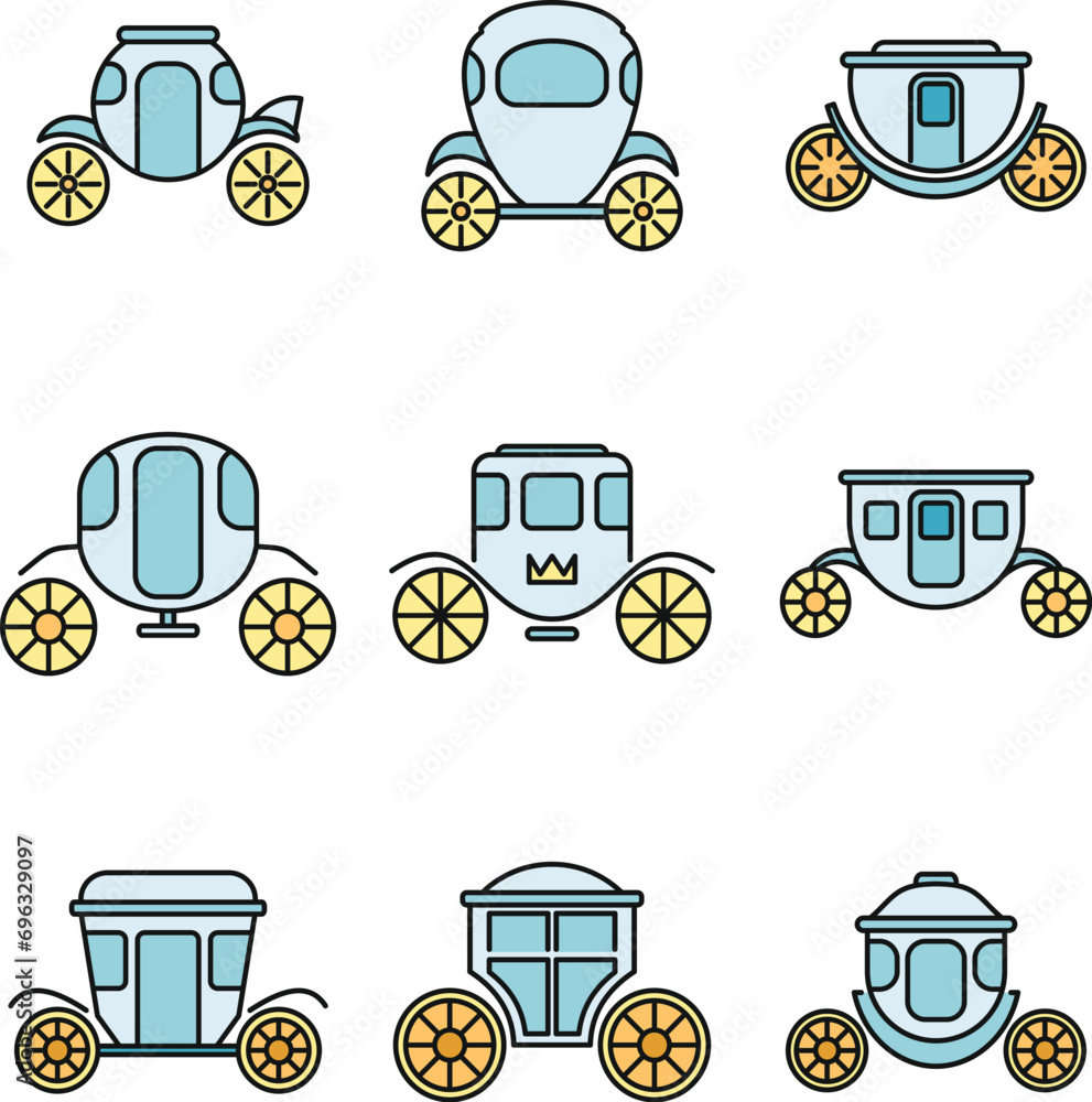 Poster brougham carriage icons set. outline set of brougham carriage vector icons thin line color flat on w