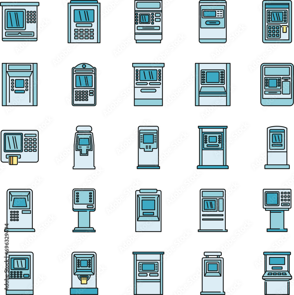 Poster cash atm machine icons set. outline set of cash atm machine vector icons thin line color flat on whi