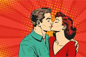 Man and woman are kissing. Couple love illustration in pop art retro comic style. - obrazy, fototapety, plakaty