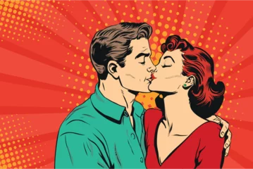 Poster Man and woman are kissing. Couple love vector illustration in pop art retro comic style. © Brazhyk
