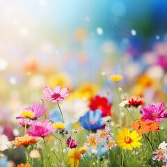Colorful flower meadow with sunbeams and blue sky, nature background, ai technology