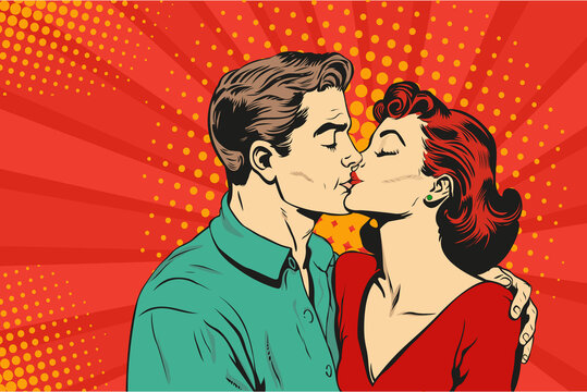Man and woman are kissing. Couple love illustration in pop art retro comic style.