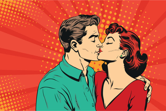 Man and woman are kissing. Couple love vector illustration in pop art retro comic style.