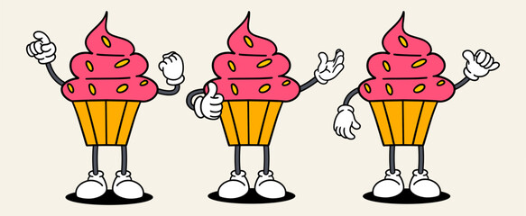 Dessert set mascot of 70s groovy. Collection of cartoon,retro, groovy characters. Vector illustration.