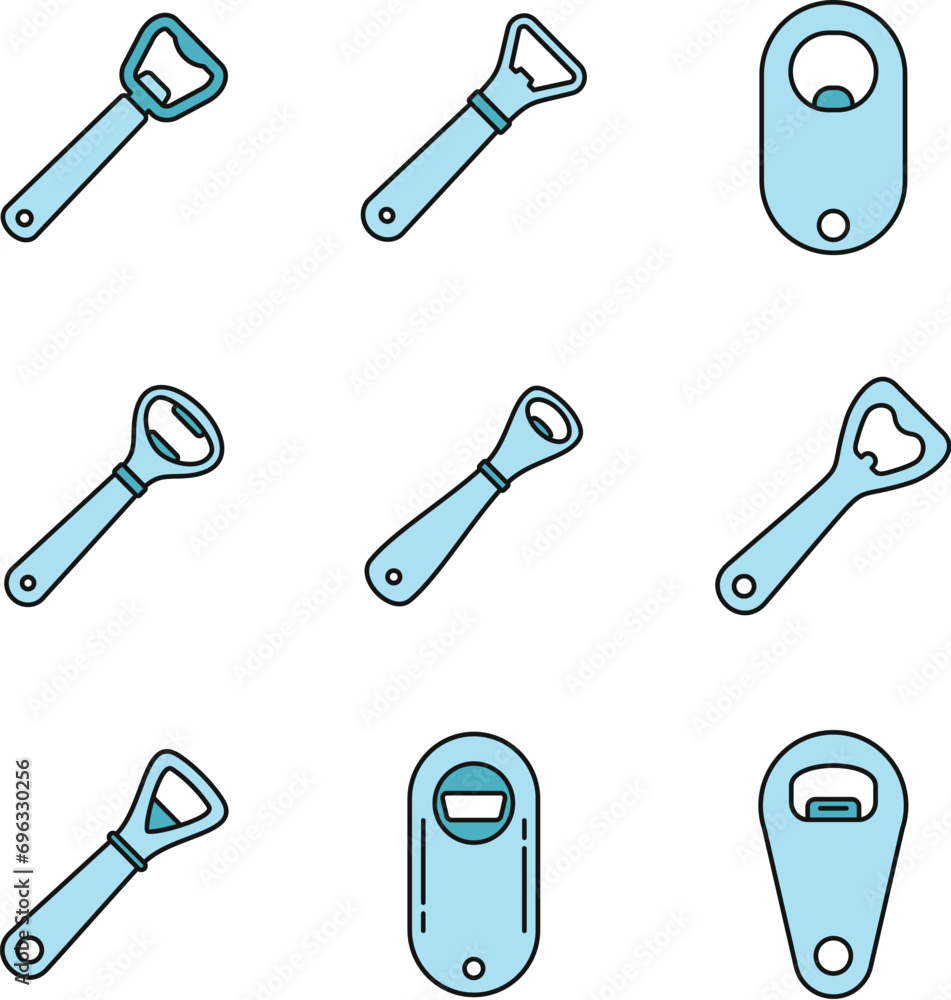 Poster drinks bottle-opener icons set. outline set of drinks bottle-opener vector icons thin line color fla