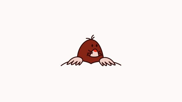 Animation of cute Mole character, who looks out of the hole, blink and smile. Simple flat illustration, video 4K resolution