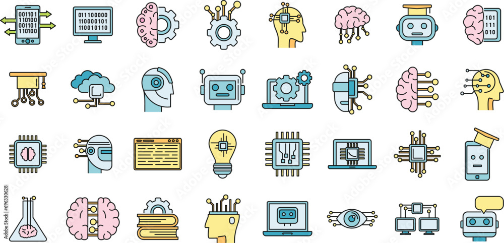 Poster science machine learning icons set. outline set of science machine learning vector icons thin line c