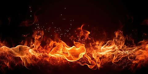 Dance of flames takes center stage showcasing primal beauty and untamed energy of fire. Vibrant hues of orange and red create visual flames leap and intertwine casting warm and enchanting glow - obrazy, fototapety, plakaty