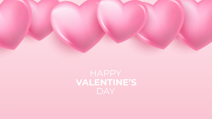 Happy Valentine's Day banner with 3d pink colored hearts. Valentines Day holiday festive background. Vector illustration.