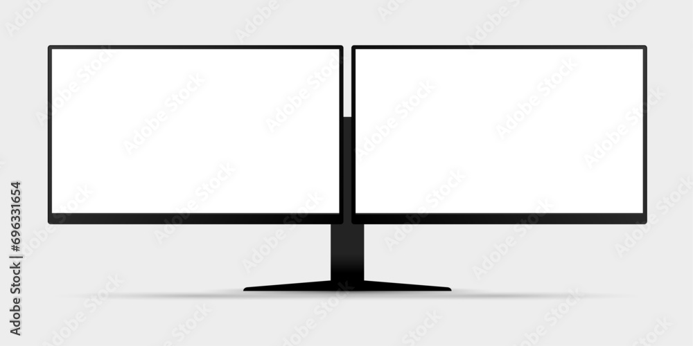 Wall mural front view of 2 screen computer monitor mockup with blank white display vector