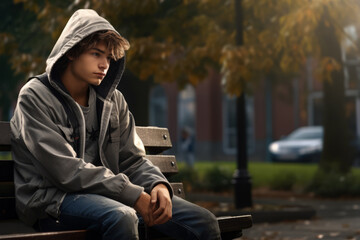Sad thoughtful teenager sitting on park bench outdoors alone, thinking about troubles. Boy feeling lonely, misunderstood, stressed, overwhelmed. Child and psychological problem, learning difficulties - obrazy, fototapety, plakaty