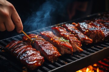 Photo of a chef grilling juicy pork ribs with barbecue sauce. Generative AI - obrazy, fototapety, plakaty