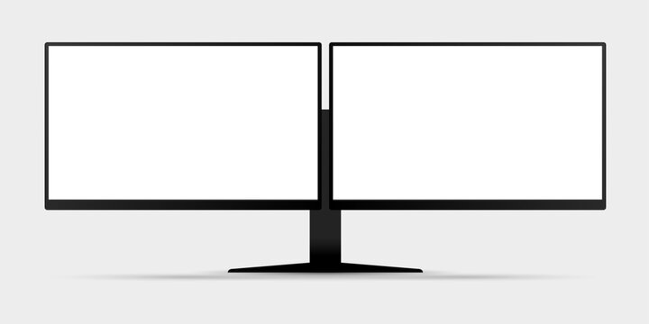 front view of 2 screen computer monitor mockup with blank white display vector