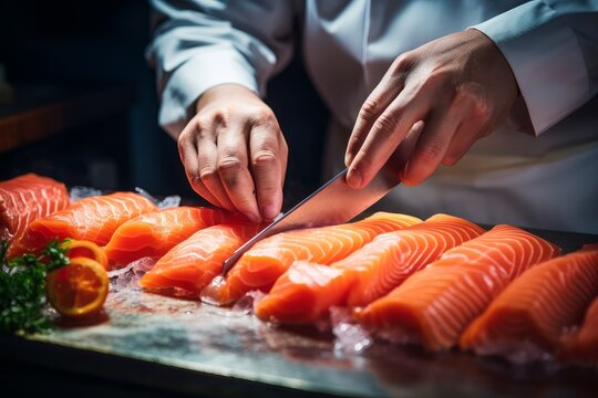 Photo of a hands meticulously slicing sashimi pieces. Generative AI