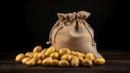 Studio photo of a bag with scattered fresh potatoes