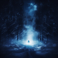 Dark winter forest background at night, ai technology
