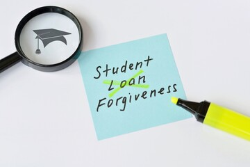 A piece of paper with the text Student Loan Forgiveness with the word Loan crossed out on a white...