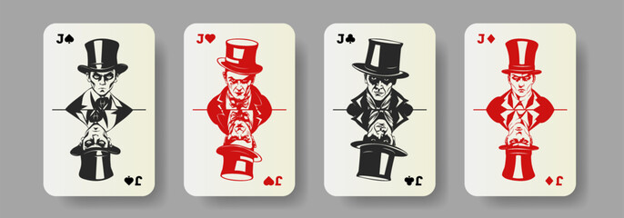 Playing Card Set, Jack Spades Hearts Clubs Diamonds. Portraits of an evil knave in a top hat. Collection of graphic scary faces.