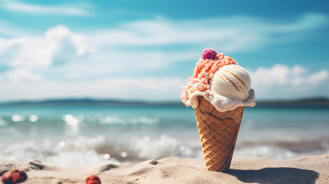 Summer photo of ice cream and beach background