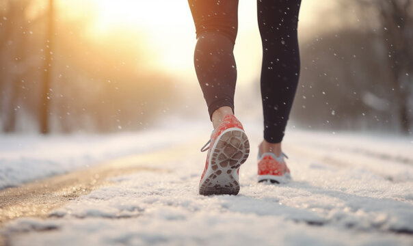 Close up of a back view of woman's legs with sport shoes jogging or running in snow, Generative AI