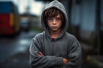 Portrait of a boy in a hoodie, in the style of urban grunge, Panasonic GH5, rebellious expressions, low key image, gritty texture, street art, hip hop influence. Generative AI - obrazy, fototapety, plakaty