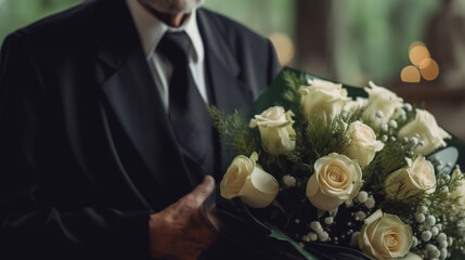 Close up of mature widower in black suit holding whiter roses while standing at his wife funeral - obrazy, fototapety, plakaty