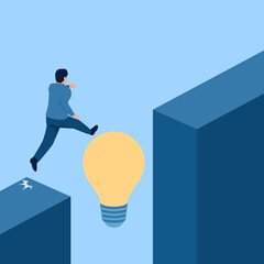 people cross the abyss with the help of the lamp of ideas, metaphor of business assistance. Simple flat conceptual illustration.