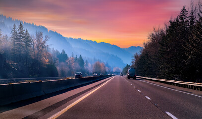 Beautiful road in the mountains, highway road, view of the Columbia River Gorge, Oregon.