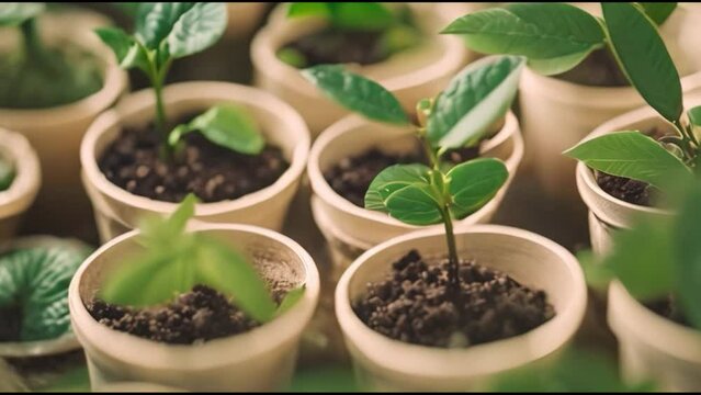 New born baby plants sprouts blushing in pot also absorb sunrays for photosynthesis process close up slow motion Timelapse, Sprouts germination growth in nursery greenhouse agricultural.