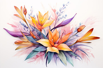 Watercolor Flowers Bouquets, illustration with green gold leaves centre on white background for wedding invitations, greetings, wallpapers, fashion, prints 
