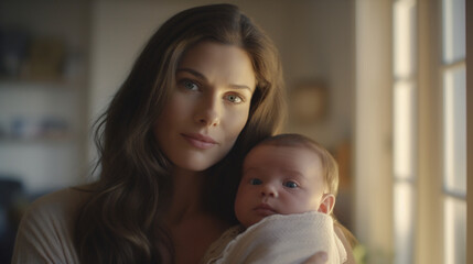 Portrait of young brunette woman holding her baby in her arms while standing next to a window at home.
